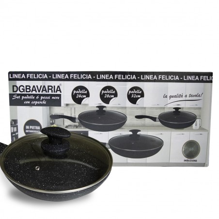 354001 DGBAVARIA Set de 3 poêles en pierre noire avec couvercles 24-28-32 cm