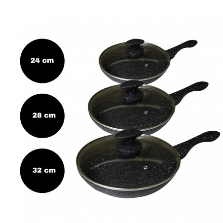 354001 DGBAVARIA Set de 3 poêles en pierre noire avec couvercles 24-28-32 cm