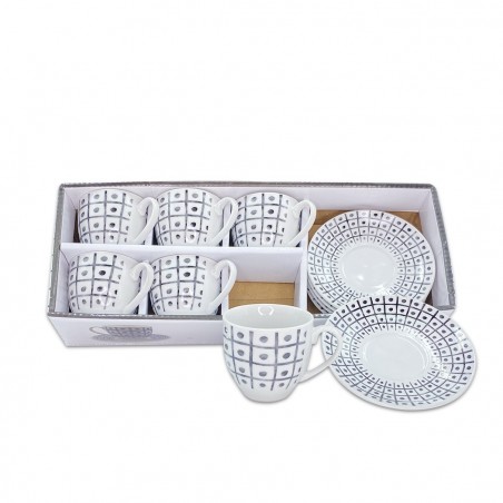 Set de 6 tasses à café, avec soucoupe mod. TRIS 270044 en porcelaine blanche