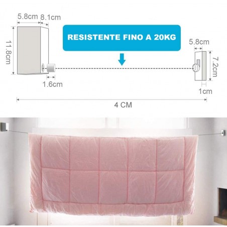 Corde à linge rétractable en acier inoxydable extensible jusqu’à 4mt