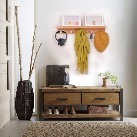 Etagère 5 crochets porte-manteaux serviettes en bois de bambou, mur 61x12xH10cm