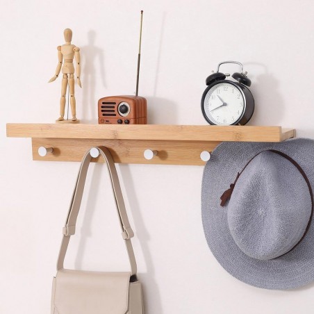 Etagère 5 crochets porte-manteaux serviettes en bois de bambou, mur 61x12xH10cm
