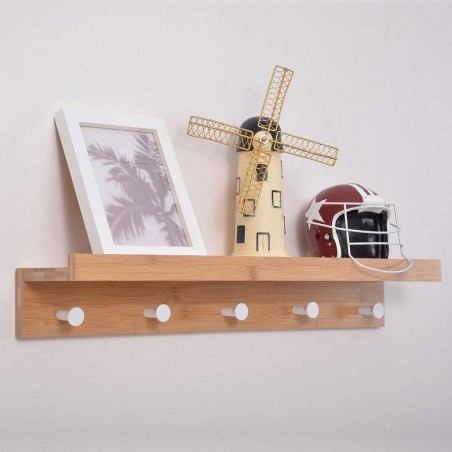Etagère 5 crochets porte-manteaux serviettes en bois de bambou, mur 61x12xH10cm