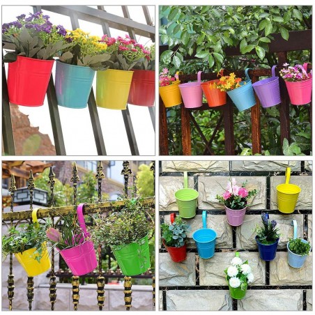 Set de 10 pots de fleurs en fer 16xH13cm avec trou de drainage, crochet amovible