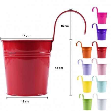 Set de 10 pots de fleurs en fer 16xH13cm avec trou de drainage, crochet amovible