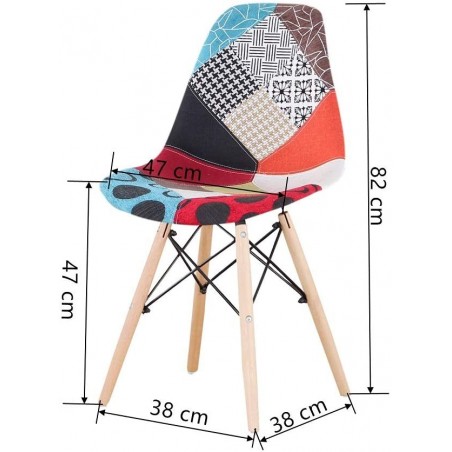 Chaise en tissu Patchwork Fantasy 48x54x85cm avec pieds en bois et assise souple