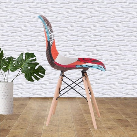 Chaise en tissu Patchwork Fantasy 48x54x85cm avec pieds en bois et assise souple