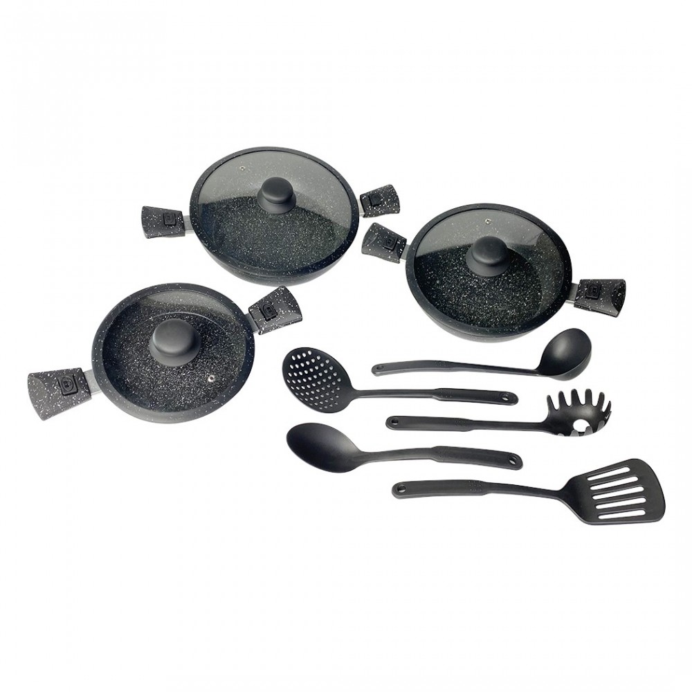 DGBAVARIA set poêles 17pz 20-24-28 cm 255028 NOIR poignées amovibles et louches