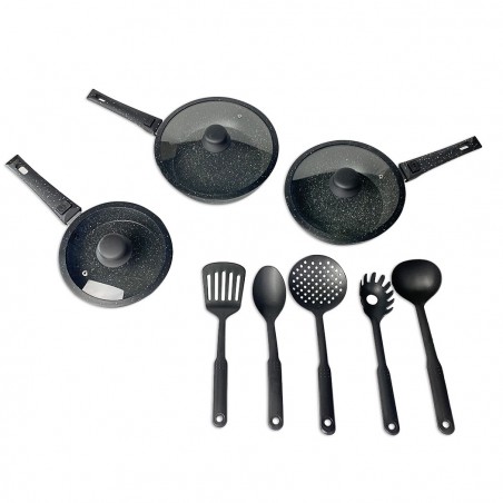 DGBAVARIA set poêles 14pz 20-24-28 cm 255027 NOIR poignées amovibles et louches