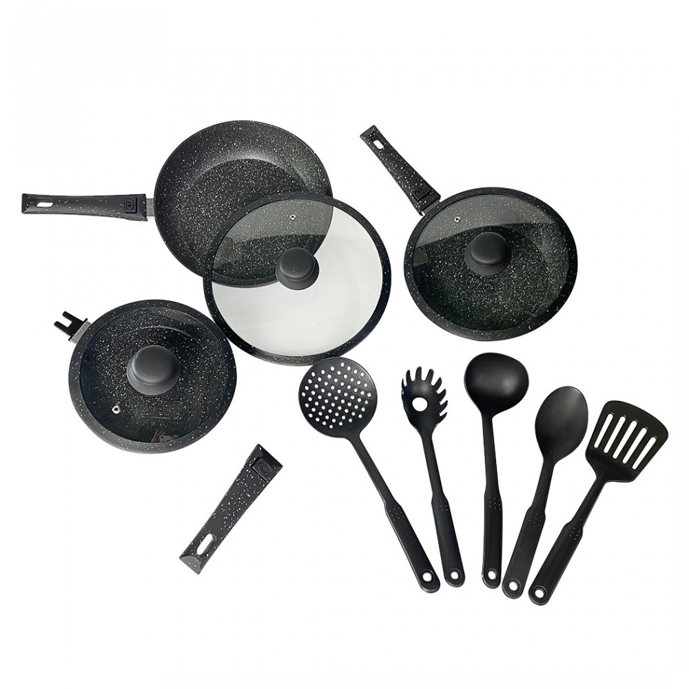 DGBAVARIA set poêles 14pz 20-24-28 cm 255027 NOIR poignées amovibles et louches