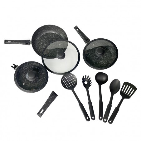 DGBAVARIA set poêles 14pz 20-24-28 cm 255027 NOIR poignées amovibles et louches