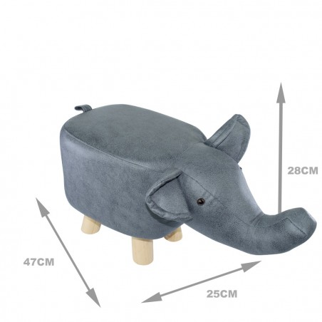 Pouf en tissu souple faux cuir 372027 en forme d’éléphant en bois 47x25xH28 cm