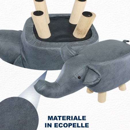 Pouf en tissu souple faux cuir 372027 en forme d’éléphant en bois 47x25xH28 cm