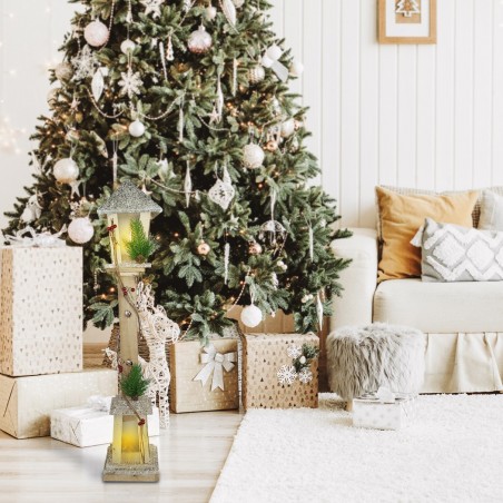 Lampadaire De Noël 293021 En Bois Paillettes Or Lanterne H85 Cm 15 Led Chaude