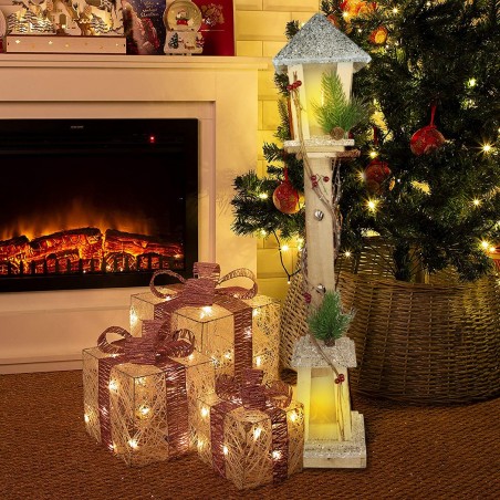 Lampadaire De Noël 293021 En Bois Paillettes Or Lanterne H85 Cm 15 Led Chaude