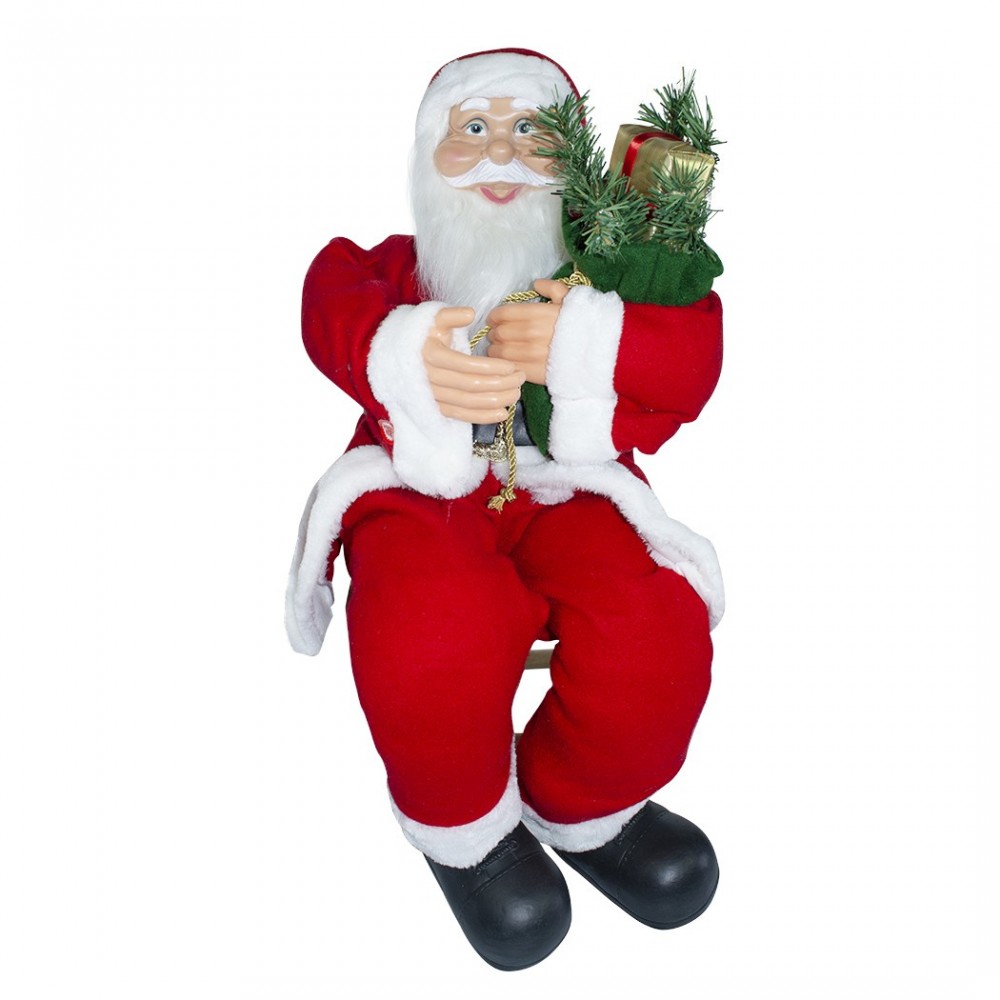 Père Noël assis sur la chaise 90cm 144059 avec sac cadeaux et sons de décoration