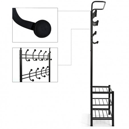 Portemanteau NOIR avec porte-chaussures pour le couloir 3 étagères 65x29xH190 cm