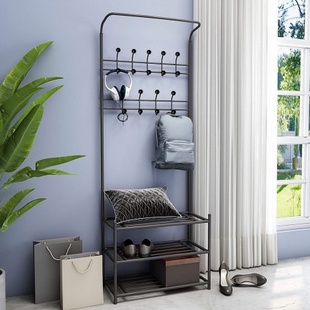 Portemanteau NOIR avec porte-chaussures pour le couloir 3 étagères 65x29xH190 cm