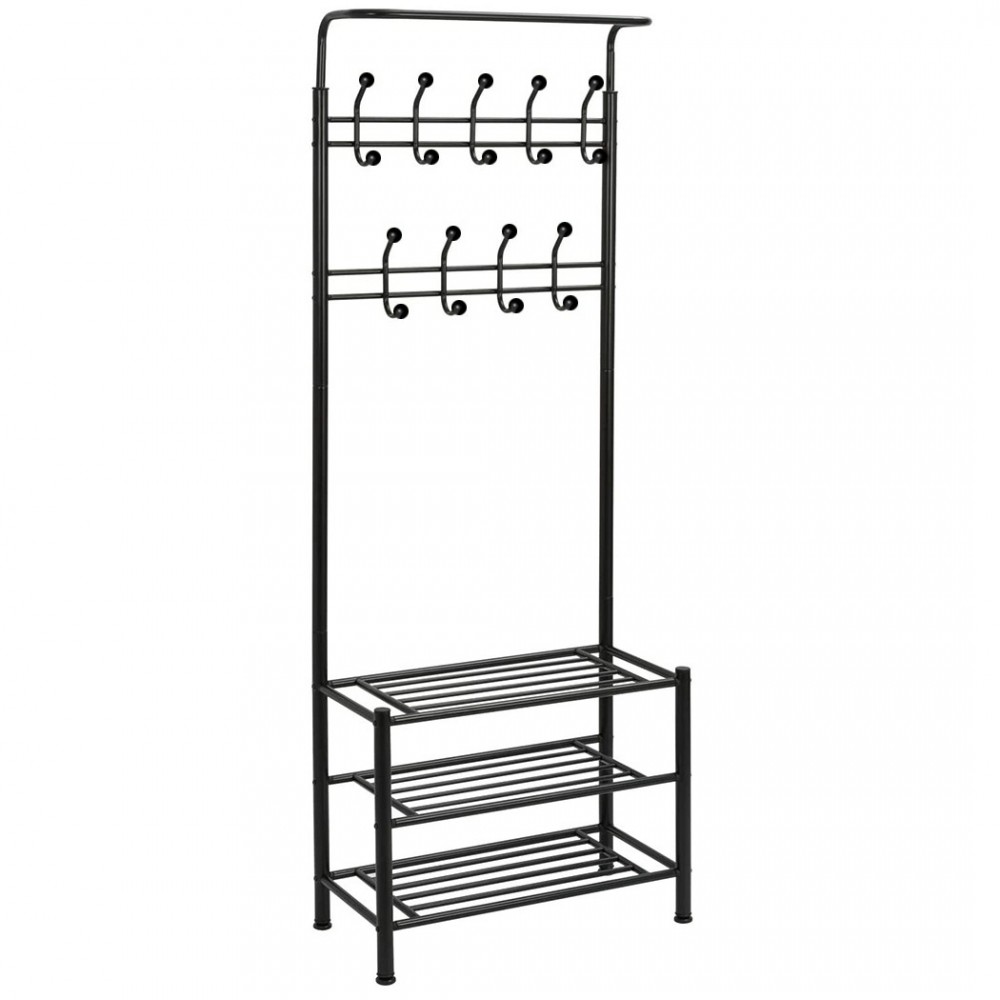 Portemanteau NOIR avec porte-chaussures pour le couloir 3 étagères 65x29xH190 cm