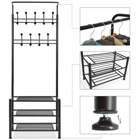 Portemanteau NOIR avec porte-chaussures pour le couloir 3 étagères 65x29xH190 cm