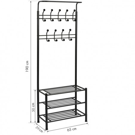 Portemanteau NOIR avec porte-chaussures pour le couloir 3 étagères 65x29xH190 cm