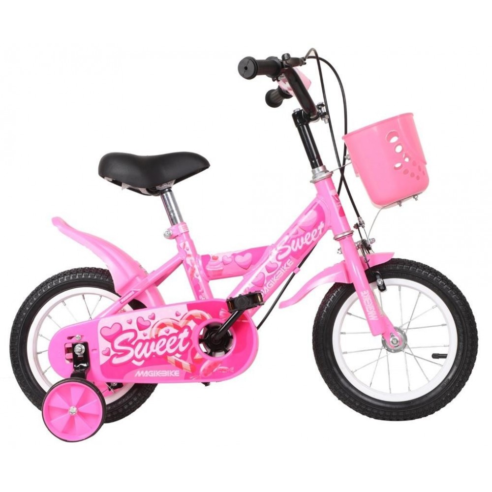 B060 Vélo magique pour enfants taille 12 avec panier et roues 3-5 ans ROSE