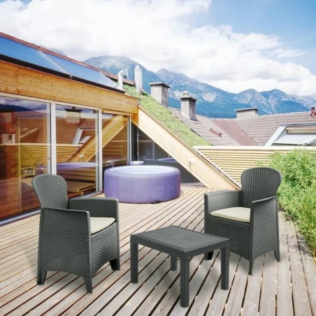 Salon pour intérieur ou extérieur AKITA Polirrattan gris 2 fauteuils table basse