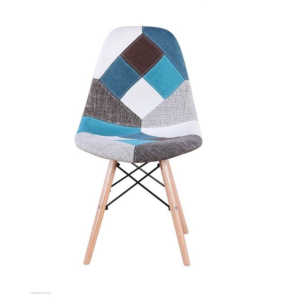 Chaise fantaisie BLEU patchwork  48x54x85 cm pieds bois et assise moelleuse