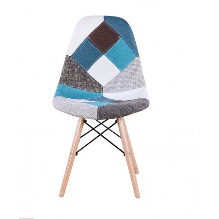 Chaise fantaisie BLEU patchwork  48x54x85 cm pieds bois et assise moelleuse