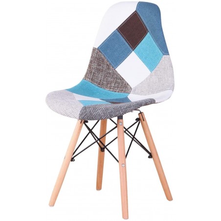Chaise fantaisie BLEU patchwork  48x54x85 cm pieds bois et assise moelleuse