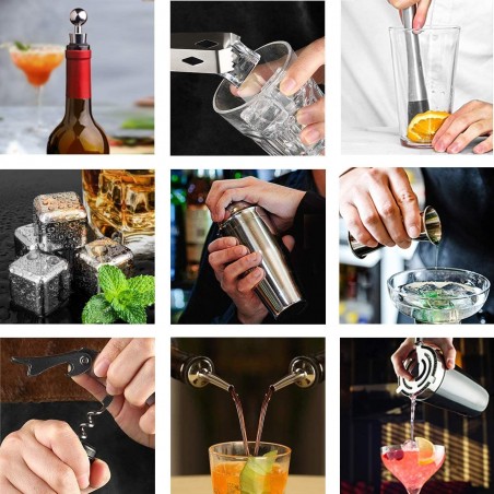 187561 Kit 12 + 1 pièces 550ml de socle en bois Barman et guide cocktail