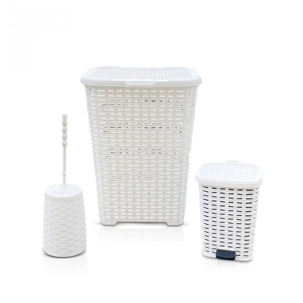 Ensemble 3pcs Accessoires De Bain Rattan 304636 Panier Linge Poubelle Poubelle