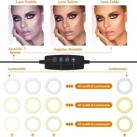 Anneau à selfie LED de 20 cm avec 2 supports pour smartphone 3 modes d'éclairage