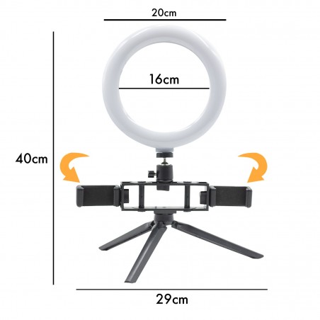 Anneau à selfie LED de 20 cm avec 2 supports pour smartphone 3 modes d'éclairage