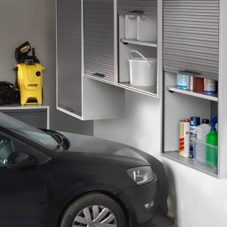 Armoire en PVC avec volet roulant et deux étagères, idéale pour garage ou bureau