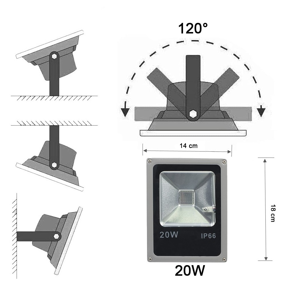 Phare LED couleur RGB 20w support à 120°...