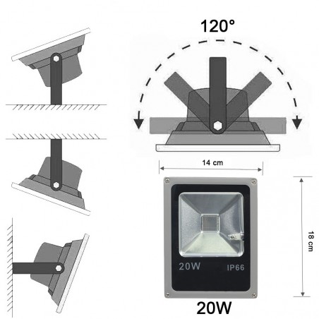 Phare LED couleur RGB 20w support à 120° d’angle et protection contre la pluie