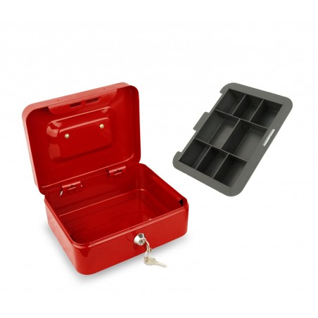 748794 Caisse à monnaie rouge en métal avec serrure 8 compartiments 20x8x16 cm