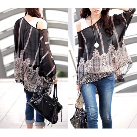 Blouse en mousseline de soie oversize asymétrique avec motifs abstraits 006