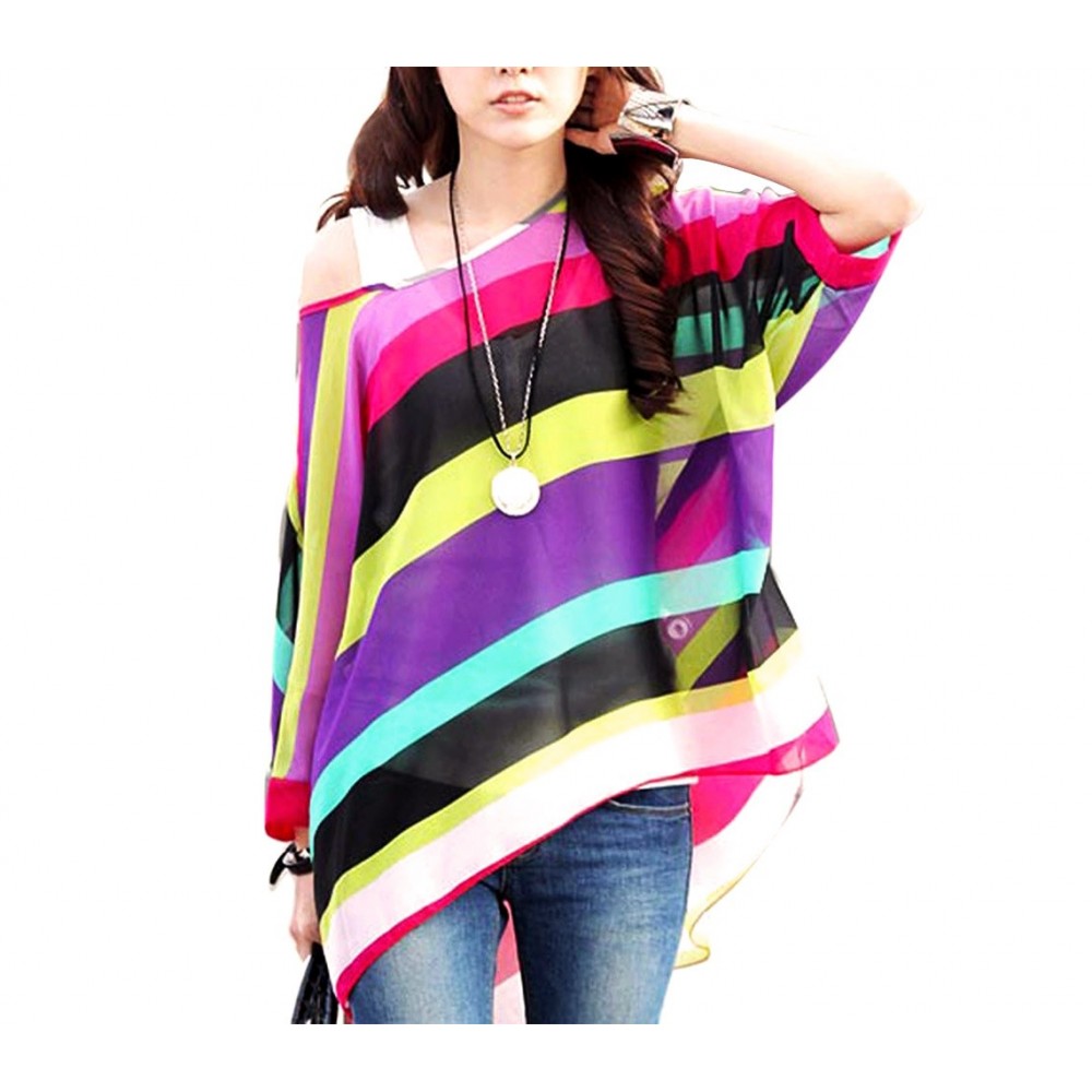 Blouse en mousseline de soie oversize asymétrique Imprimé lignes multicolores