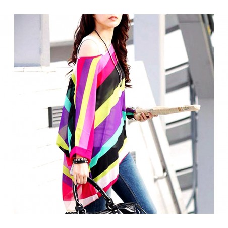 Blouse en mousseline de soie oversize asymétrique Imprimé lignes multicolores