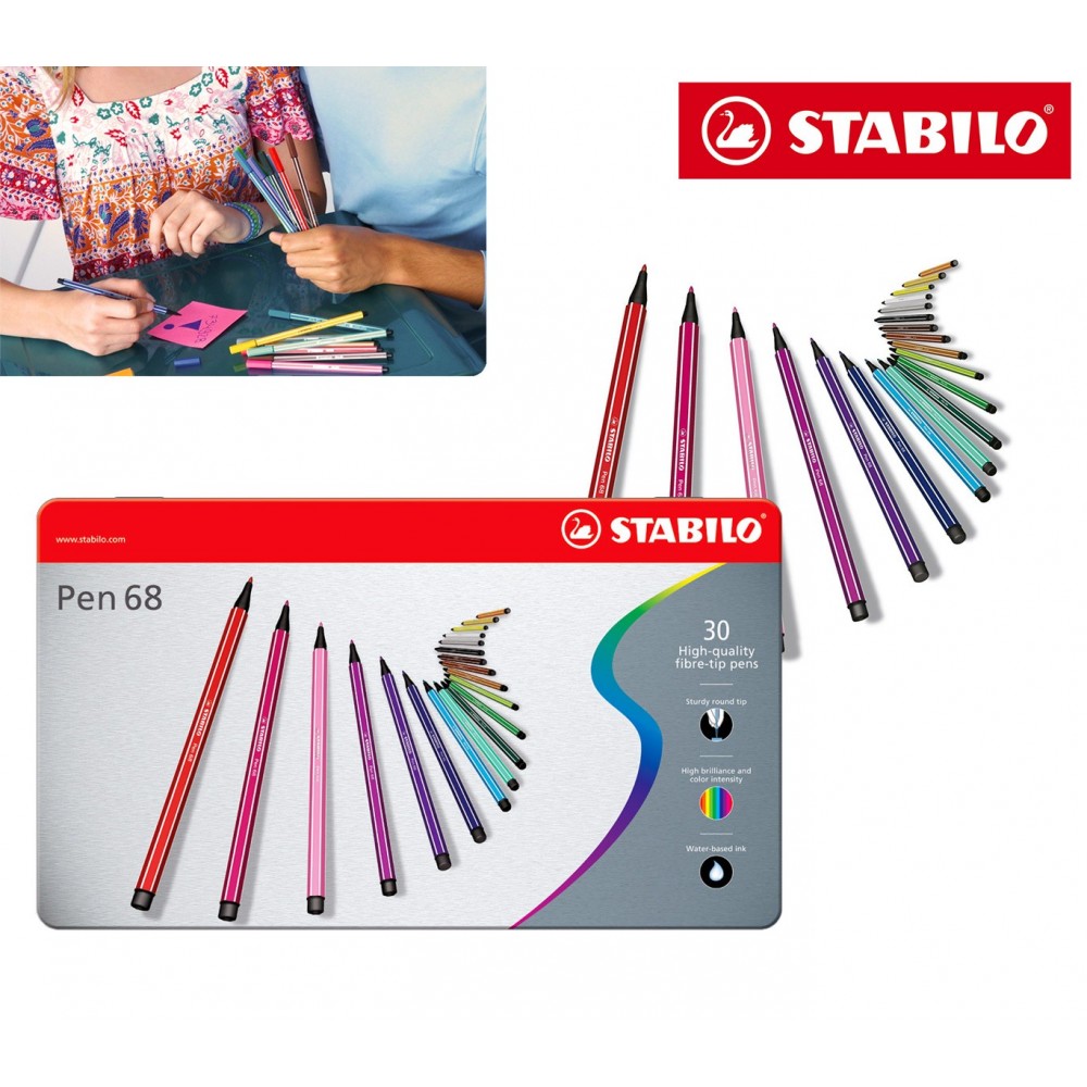 6830-6 Boîte métal de 30 feutres Stabilo Pen 68 trait 1 mm couleurs assorties