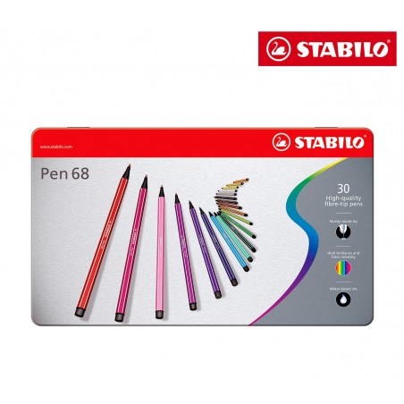 6830-6 Boîte métal de 30 feutres Stabilo Pen 68 trait 1 mm couleurs assorties