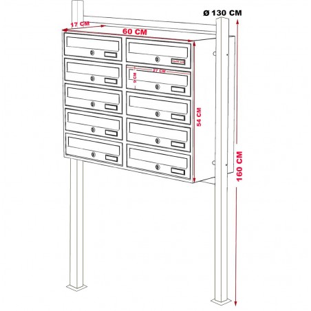 Boîte aux lettres en copropriété 10 places avec support 160x60x17 cm BLANC