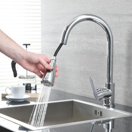 Mélangeur Robinet Chromé pour Évier GR-7544 avec Douche Amovible 75cm