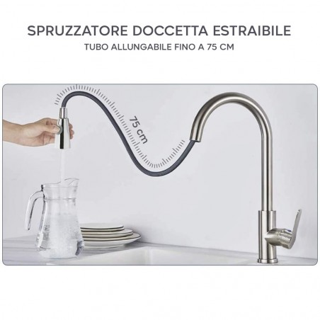 Mélangeur Robinet Chromé pour Évier GR-7544 avec Douche Amovible 75cm