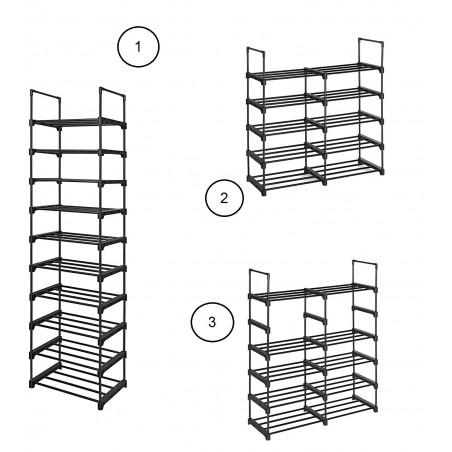 Étagère 10 Étagères Modulable Noir Porte-chaussures Tubes Métallique Étagères