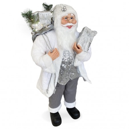 Santa Blanc Et Argent Robe En Velours 110H Cm Avec Lumières Et Sons