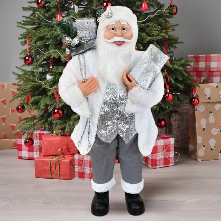 Santa Blanc Et Argent Robe En Velours 110H Cm Avec Lumières Et Sons