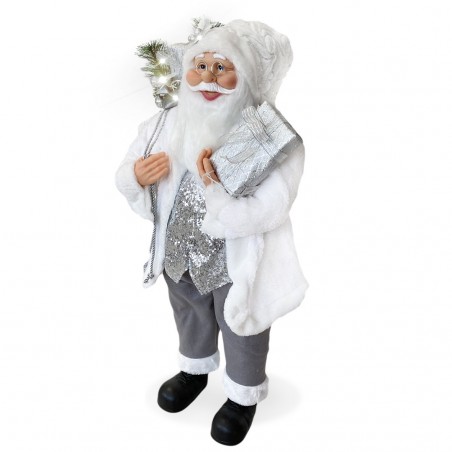 Santa Blanc Et Argent Robe En Velours 110H Cm Avec Lumières Et Sons